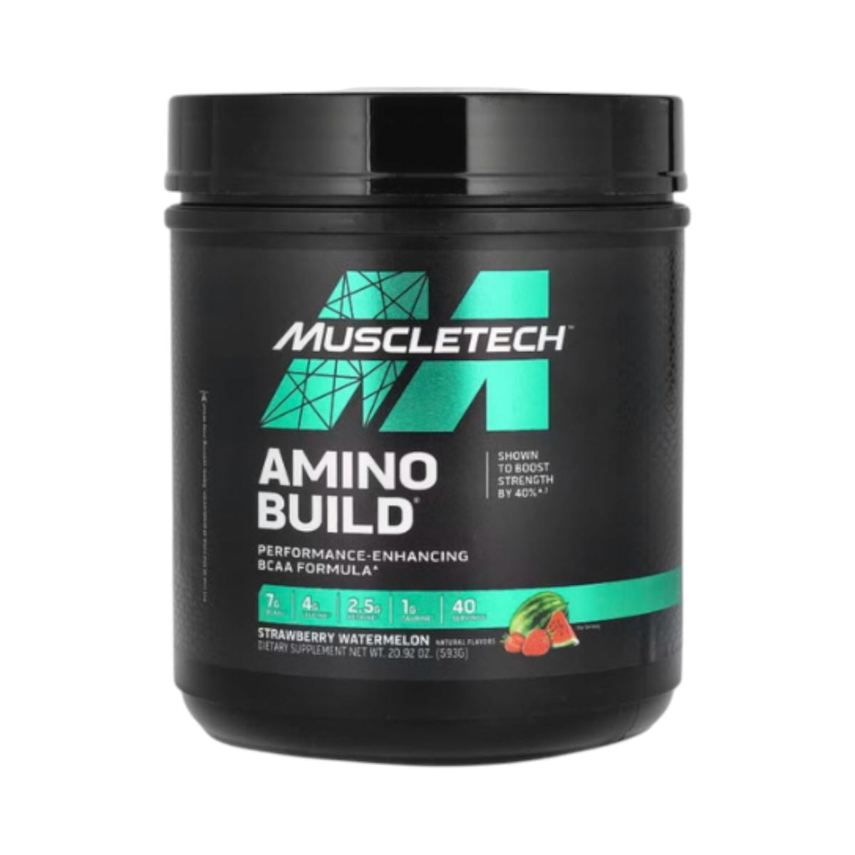 Envase de Amino Build de Muscletech vendido por Somos Landa, suplemento de BCAAs sabor sandía y fresa de 40 servicios.