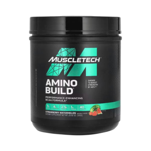 Envase de Amino Build de Muscletech vendido por Somos Landa, suplemento de BCAAs sabor sandía y fresa de 40 servicios.