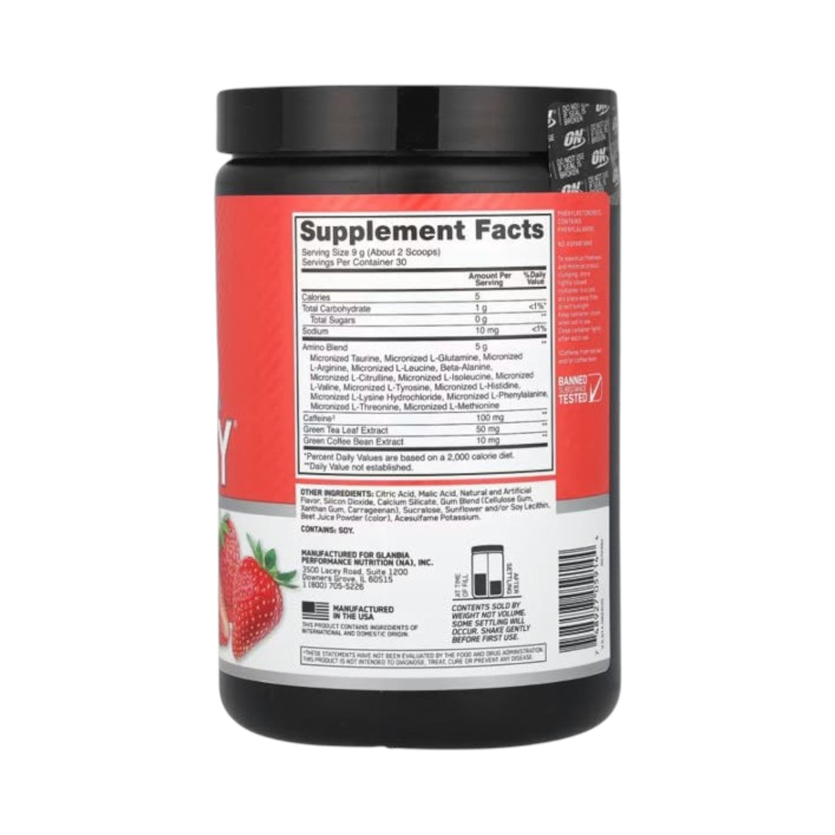 Etiqueta trasera de Amino Energy de Optimum Nutrition con tabla nutricional e ingredientes, marca Somos Landa