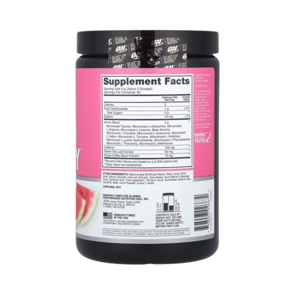 Etiqueta trasera de Amino Energy de Optimum Nutrition con tabla nutricional, ofrecido por Somos Landa.
