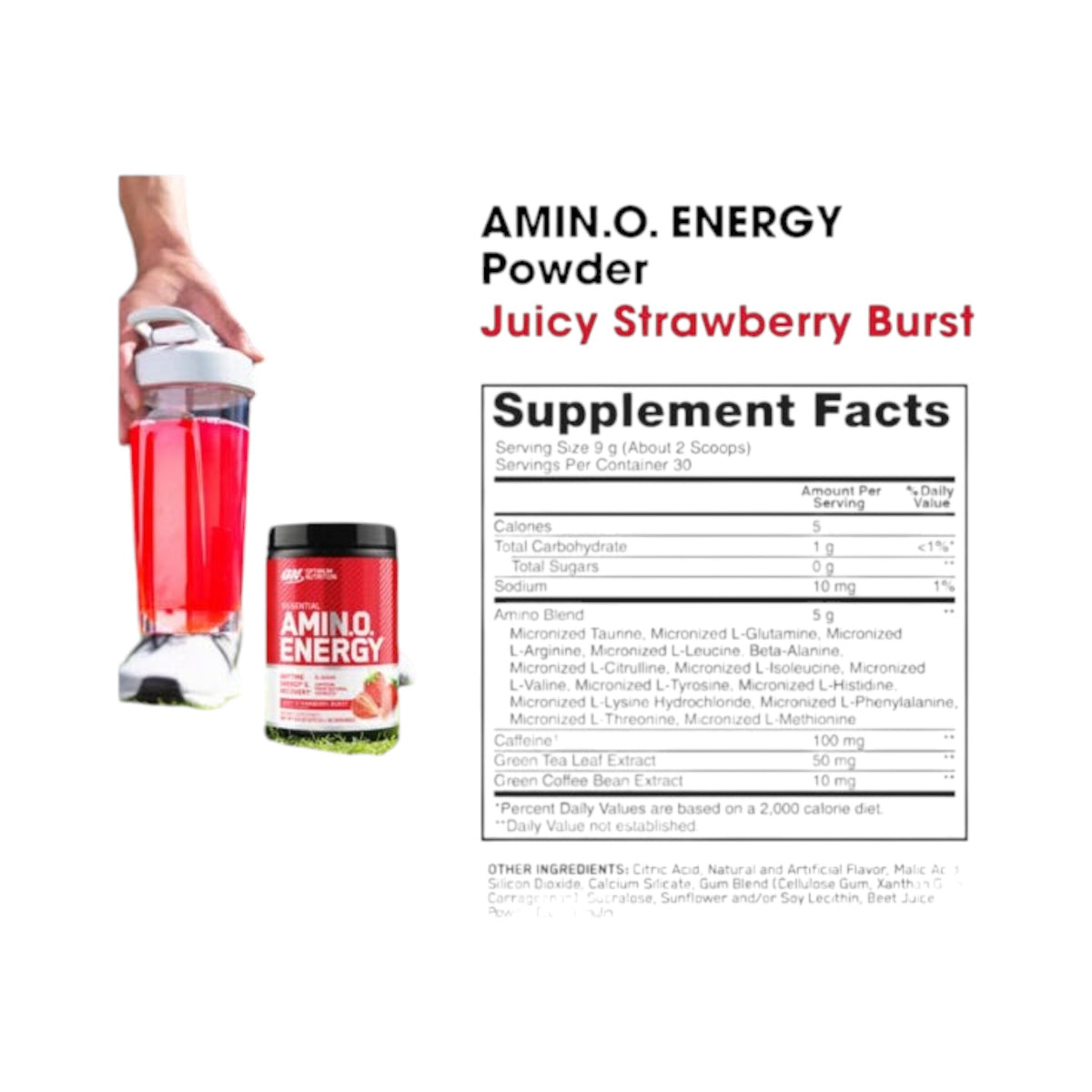 Somos Landa Amino Energy de Optimum Nutrition sabor fresa con tabla nutricional y batido preparado en shaker