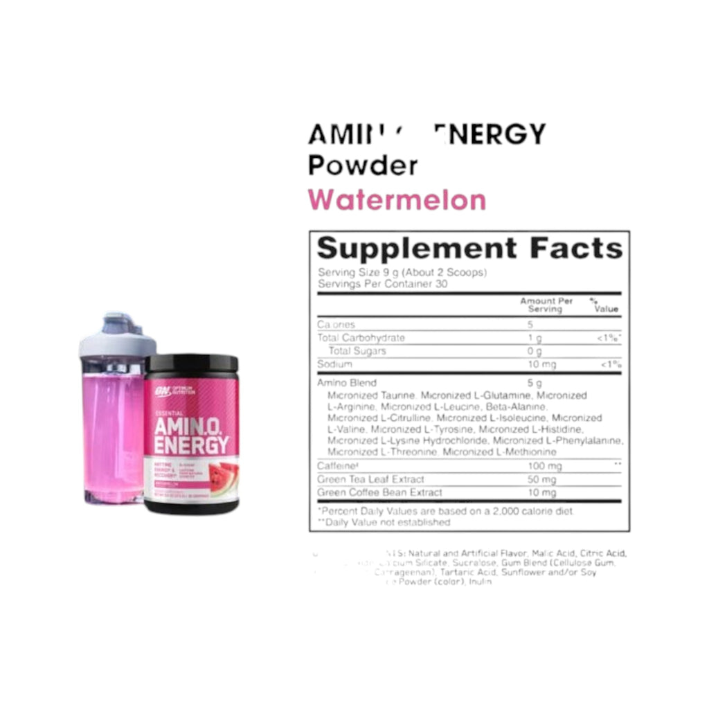 Envase de Amino Energy Optimum Nutrition sabor sandía junto a un shaker con bebida rosa y tabla nutricional
