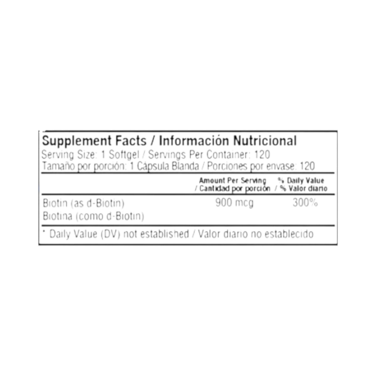 Etiqueta de informacion nutricional de Biotin 900 mcg de Healthy America en Somos Landa, mostrando dosis de biotina.