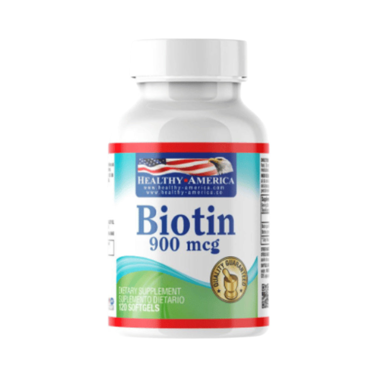 Frasco de suplemento Biotin 900 mcg de Healthy America para cabello y uñas, disponible en Somos Landa