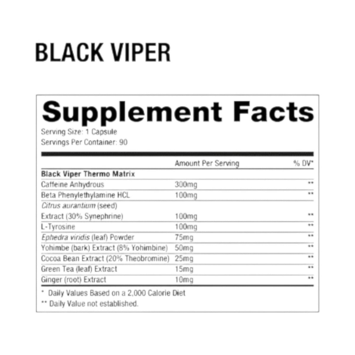 Tabla de información nutricional de Black Viper de Somos Landa, quemador de grasa con matriz termogénica detallada.