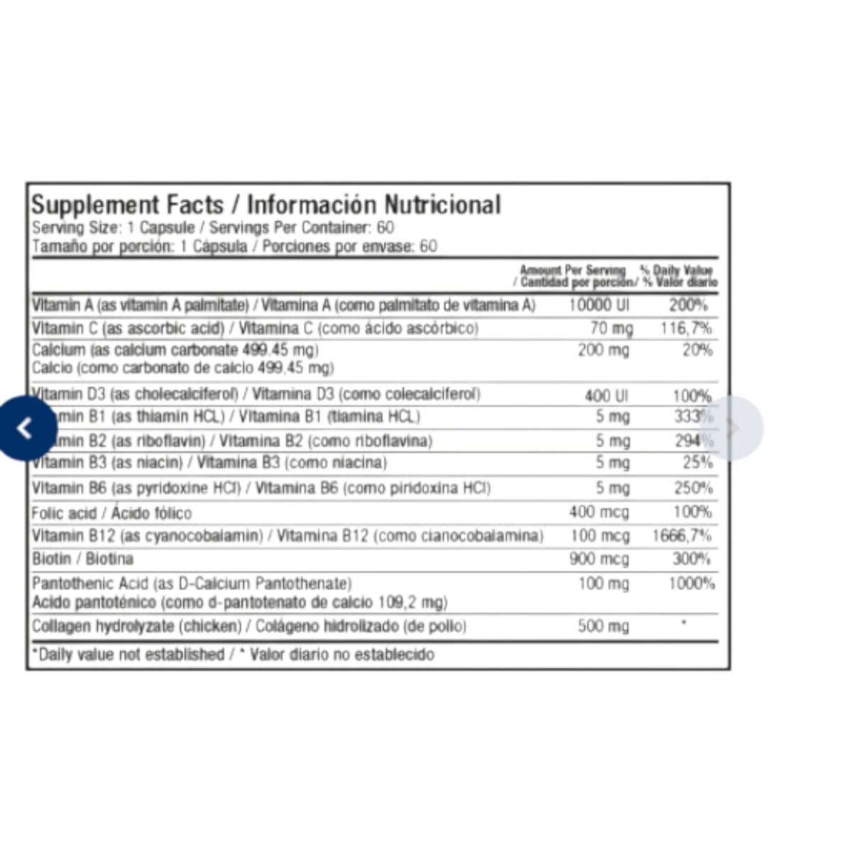 Tabla de información nutricional de Somos Landa Capell con vitaminas y colágeno hidrolizado para cabello y uñas