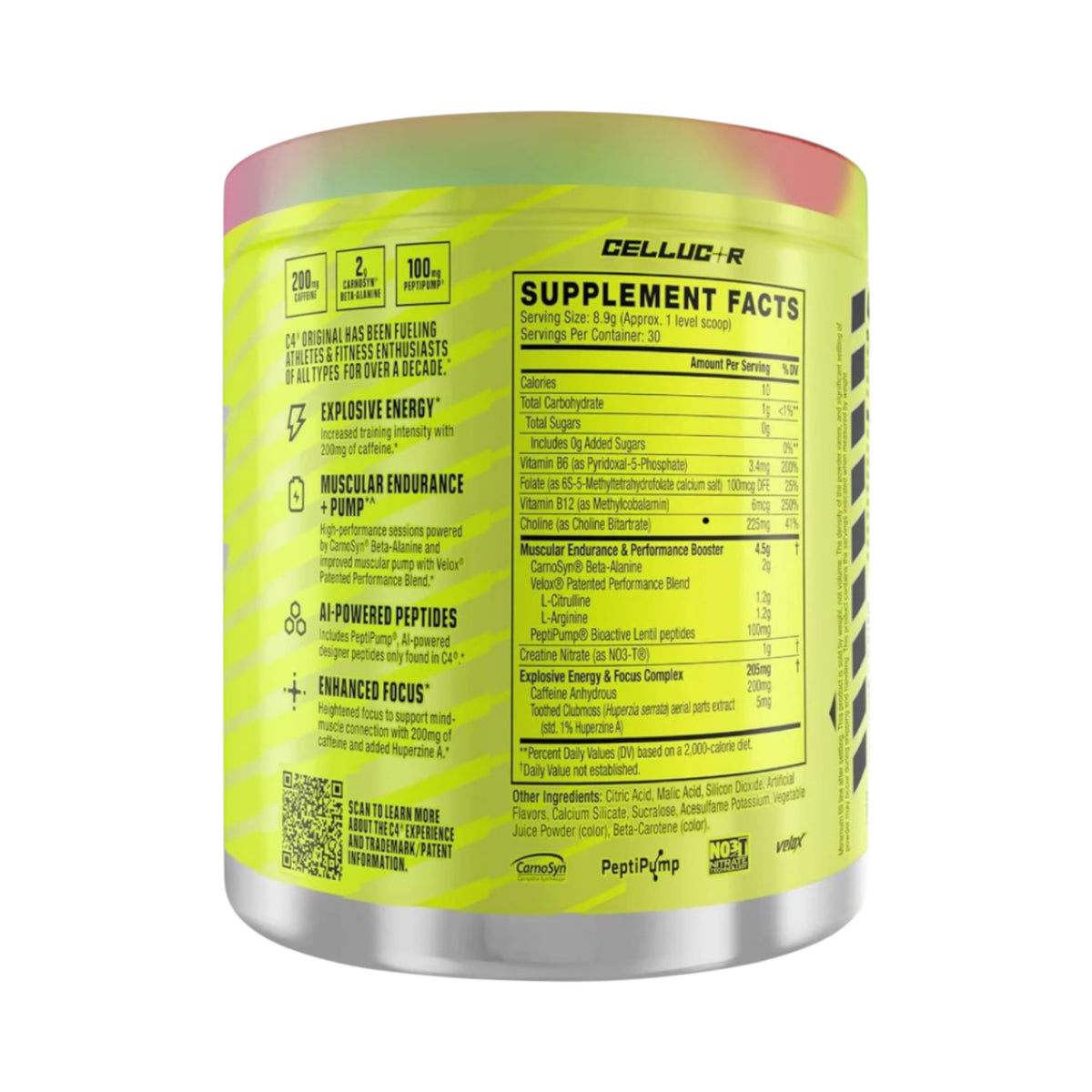 Envase de Somos Landa Cellucor C4 Original con tabla nutricional detallada y beneficios de energía para entrenamiento