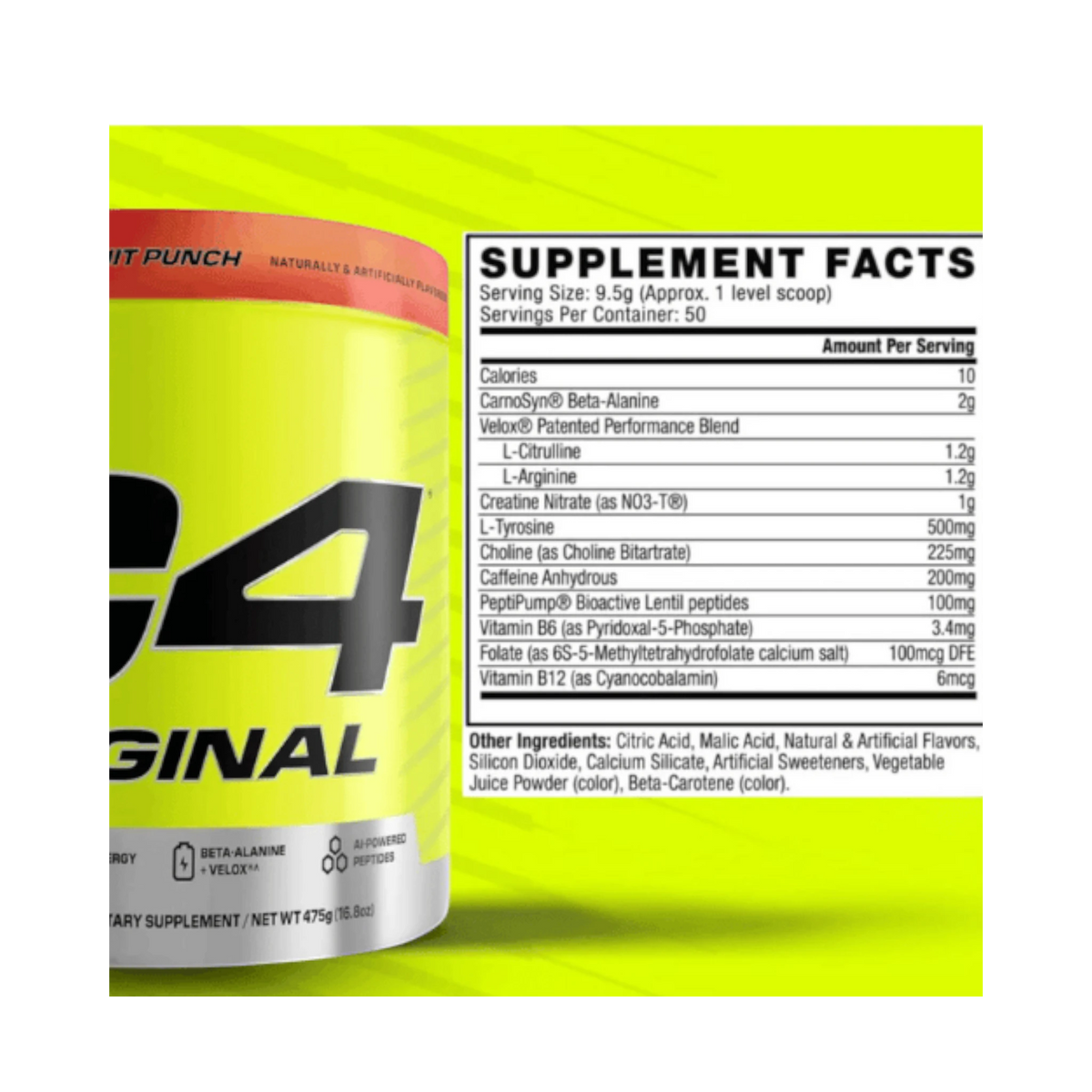 Envase de pre-entreno Somos Landa Cellucor C4 Original de 50 servicios con tabla nutricional visible en fondo amarillo