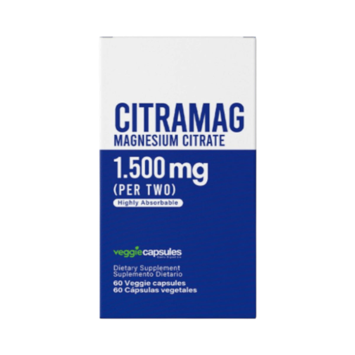 Envase de Citramag 1500mg de Healthy America, suplemento de citrato de magnesio en cápsulas vegetales de Somos Landa