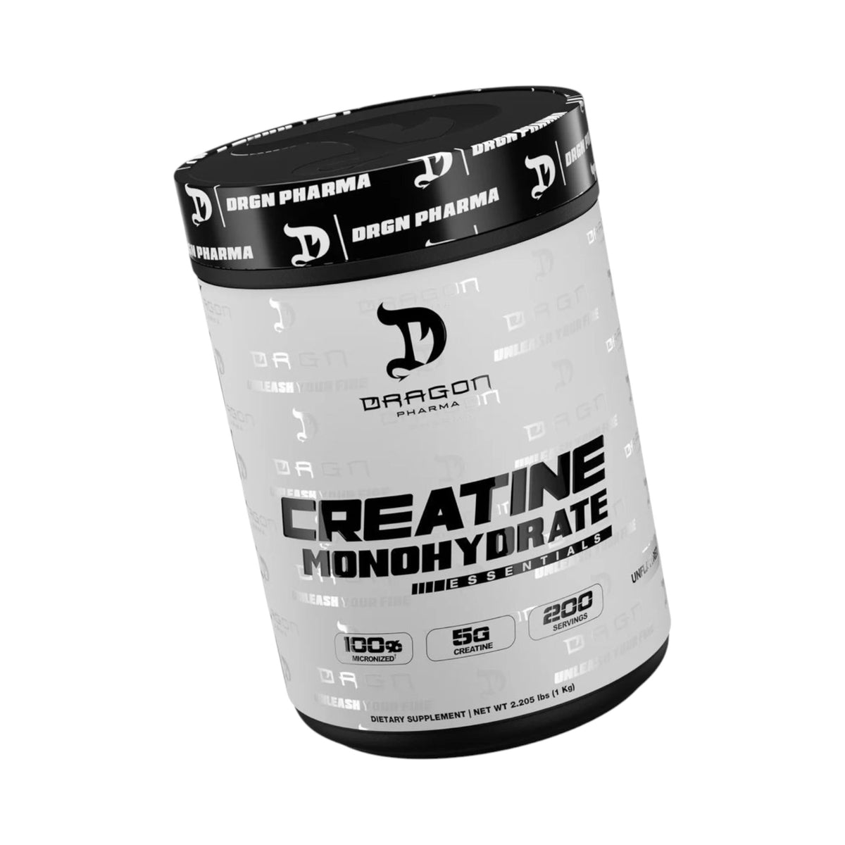 Envase de 1kg de Creatina Monohidratada Dragon Pharma de Somos Landa, suplemento puro de 200 servicios sin sabor.
