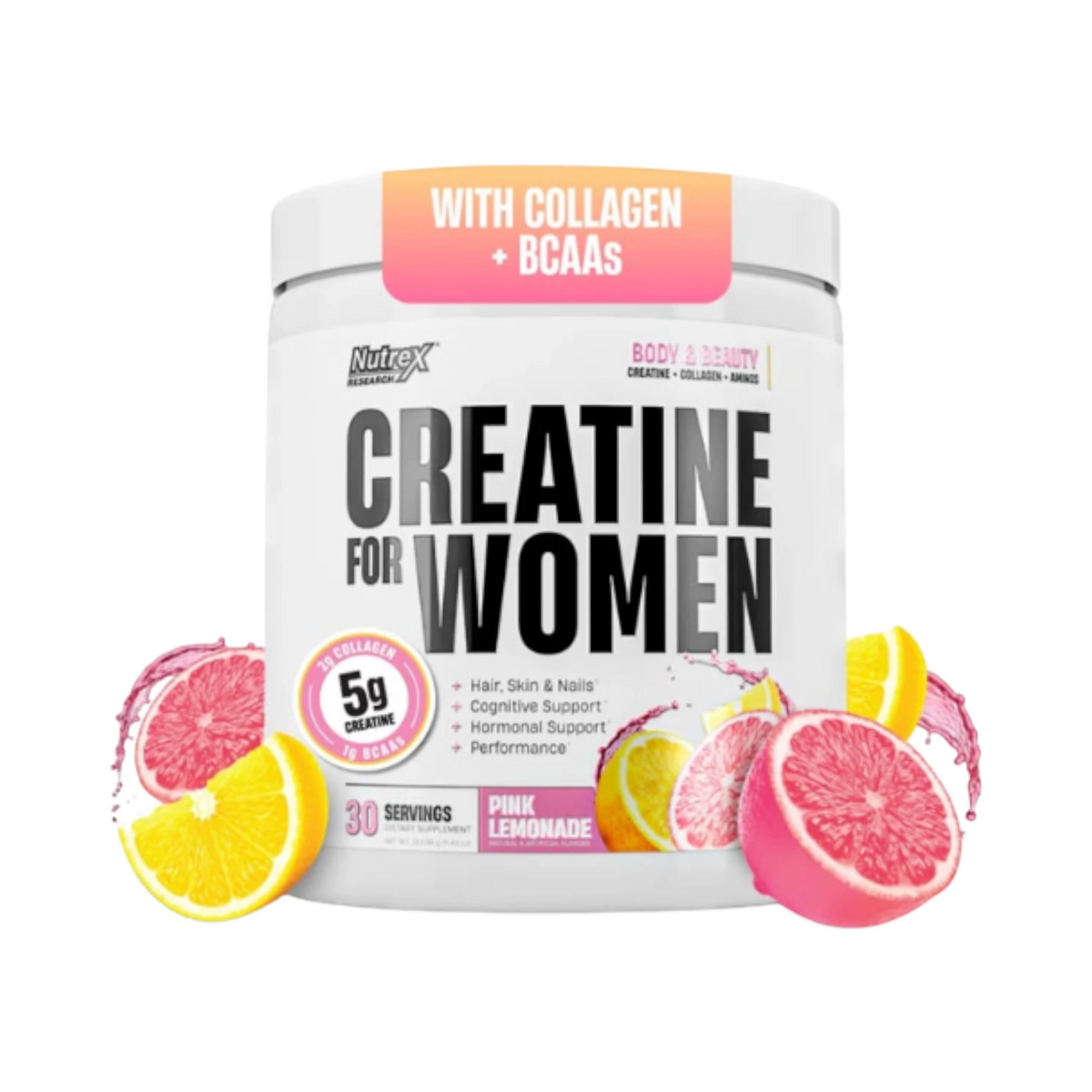 Envase de Creatine for Women de Nutrex Research sabor Pink Lemonade con colágeno y BCAAs en Somos Landa