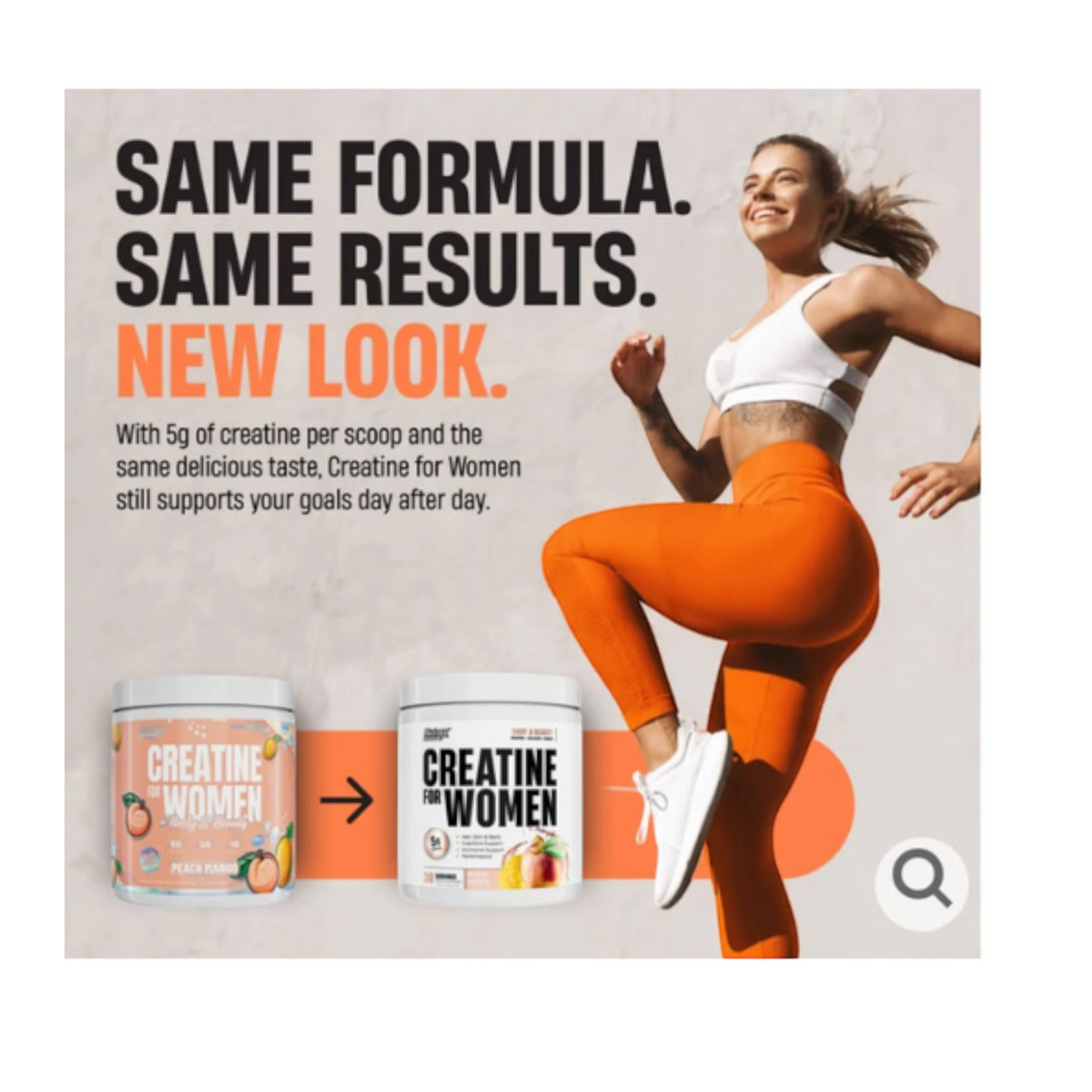 Somos Landa Creatina para mujer de Nutrex con colágeno y BCAAs, mostrada junto a una mujer atlética en entrenamiento.