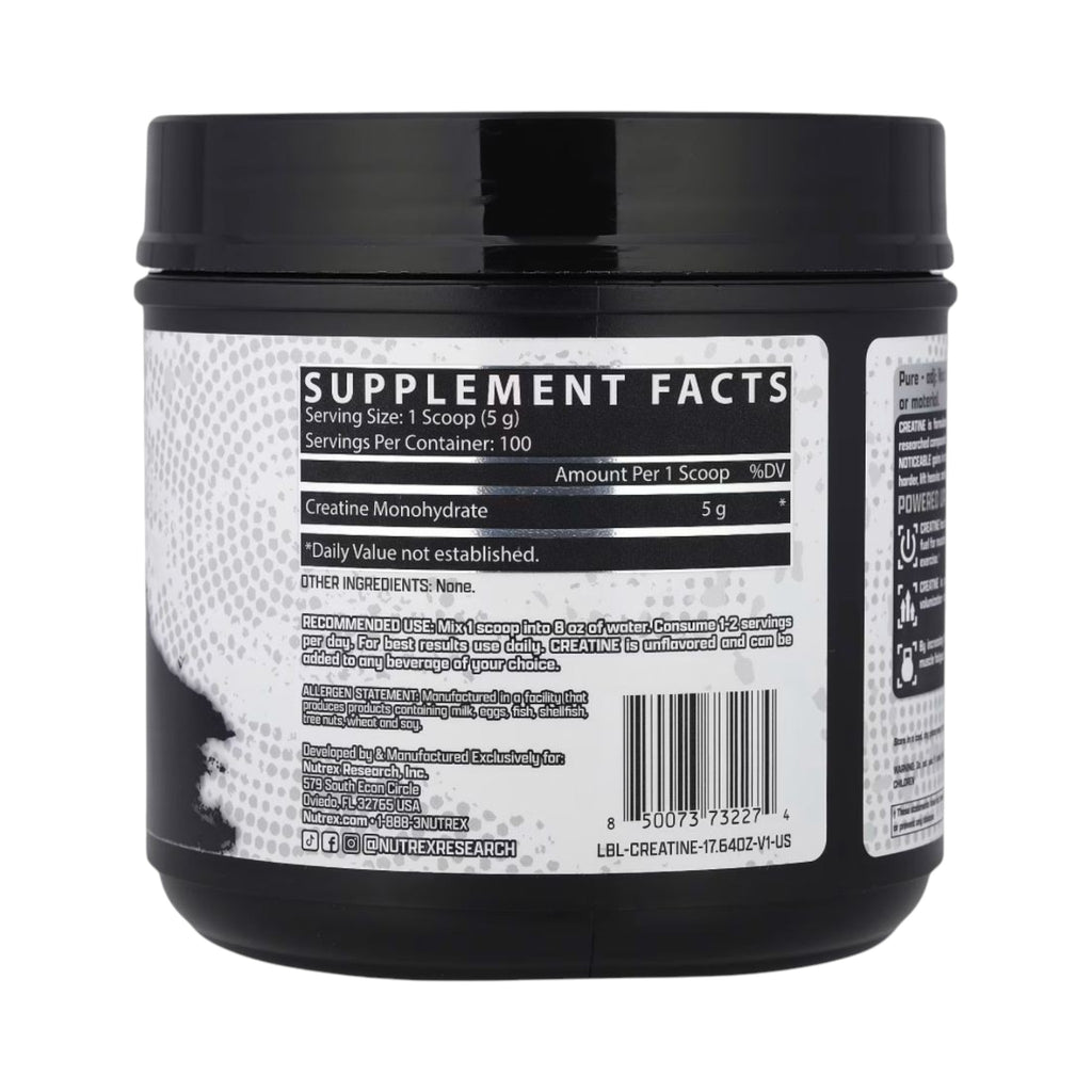 Etiqueta trasera de Creatina Monohidratada Nutrex de Somos Landa con tabla nutricional y 100 servicios