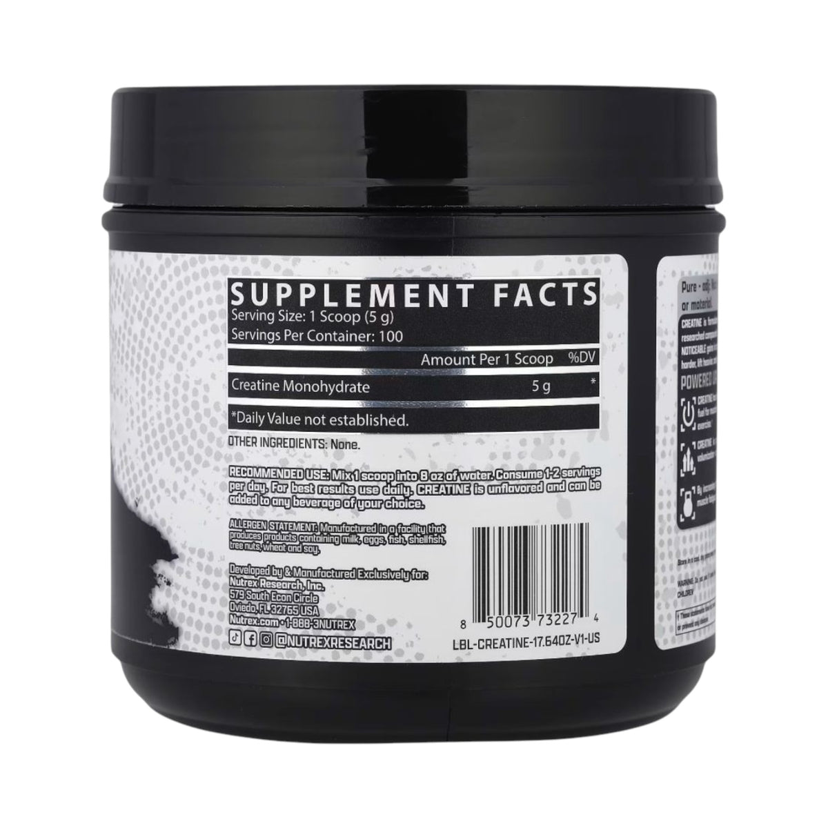 Etiqueta trasera de Creatina Monohidratada Nutrex de Somos Landa con tabla nutricional y 100 servicios