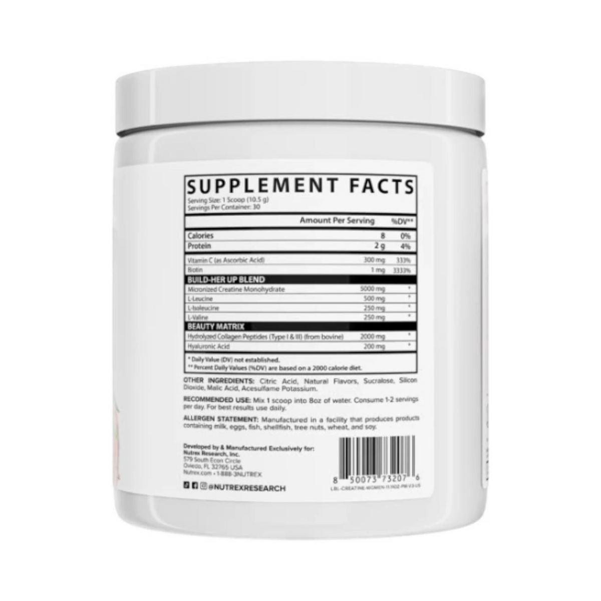 Etiqueta de tabla nutricional de Creatine for Women de Nutrex Research, suplemento 3 en 1 de Somos Landa.