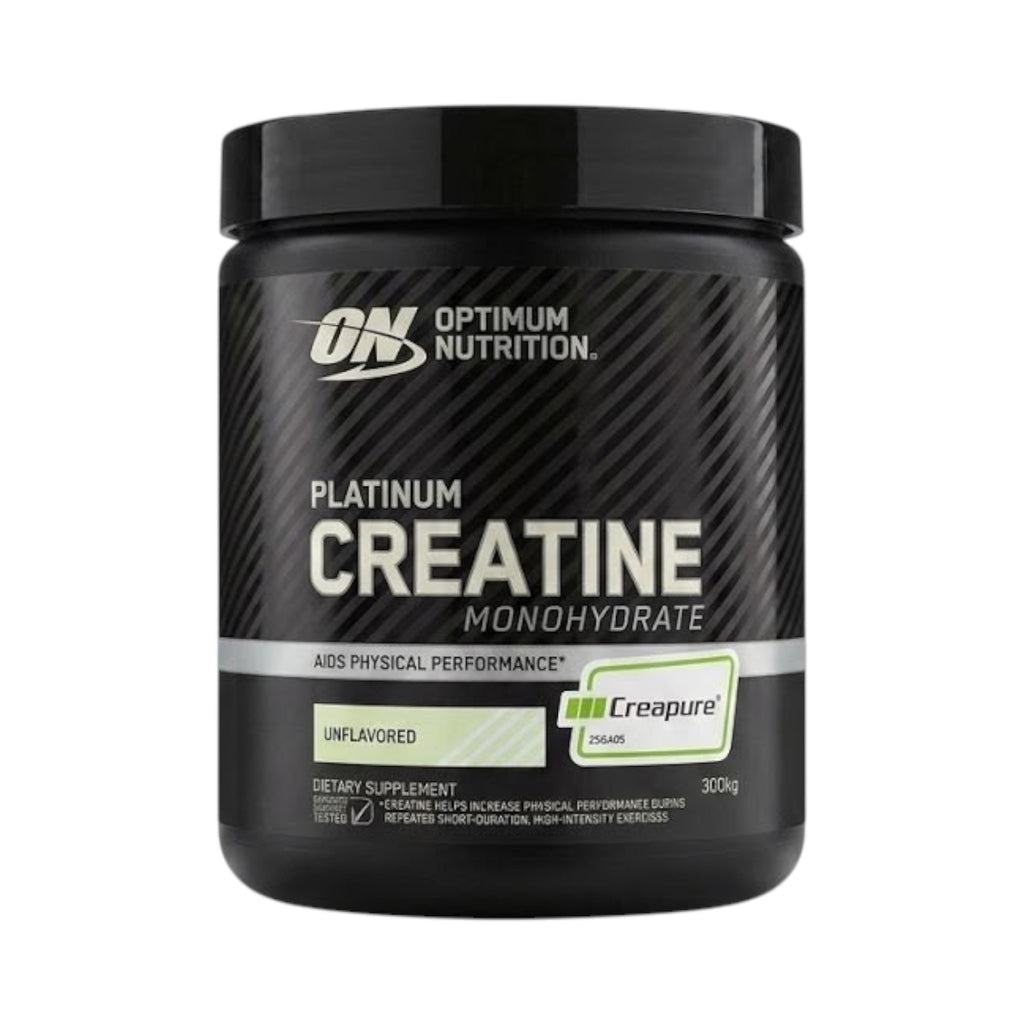 Envase de Creatina Platinum Creapure de Optimum Nutrition en Somos Landa, suplemento en polvo de 300g sin sabor.