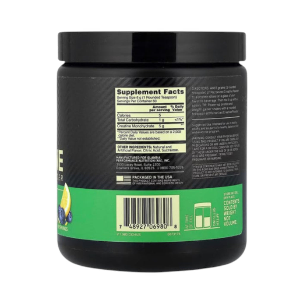Etiqueta trasera del suplemento de creatina micronizada Somos Landa Optimum Nutrition con tabla nutricional