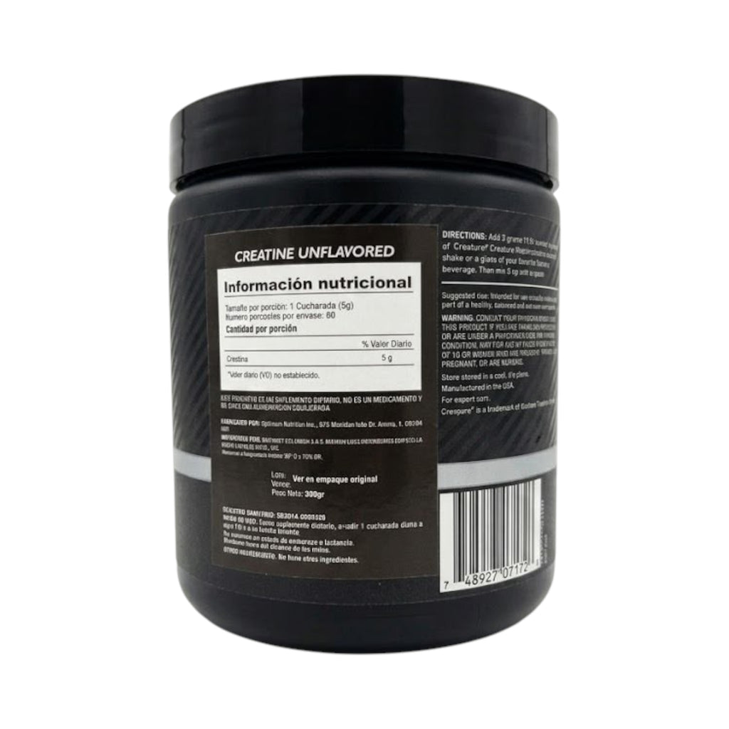 Etiqueta trasera de creatina Somos Landa Optimum Nutrition Platinum Creapure con información nutricional y uso