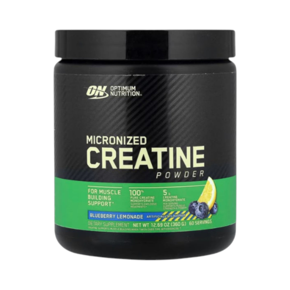 Envase de creatina micronizada Somos Landa Optimum Nutrition sabor blueberry lemonade para fuerza y volumen muscular