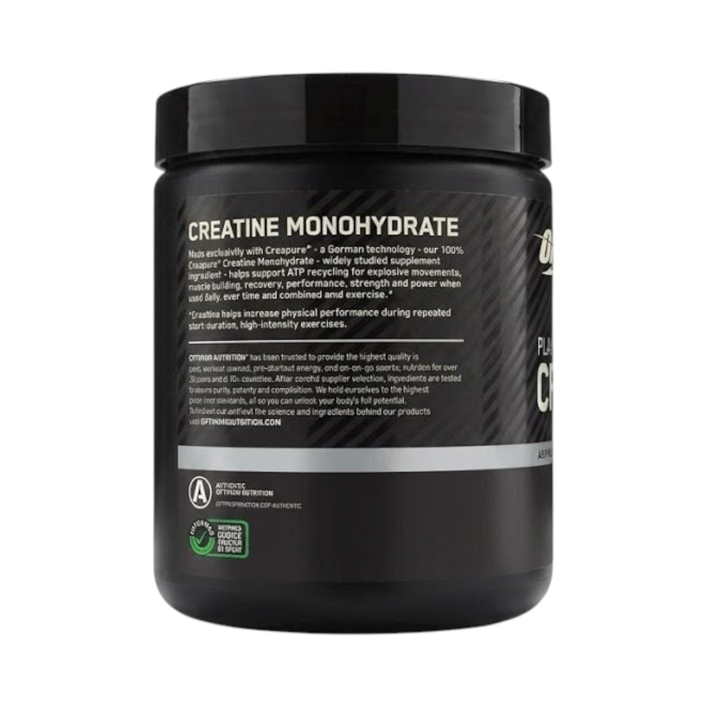 Envase de Somos Landa Optimum Nutrition Platinum Creapure, creatina monohidrato de 300g con etiqueta informativa.