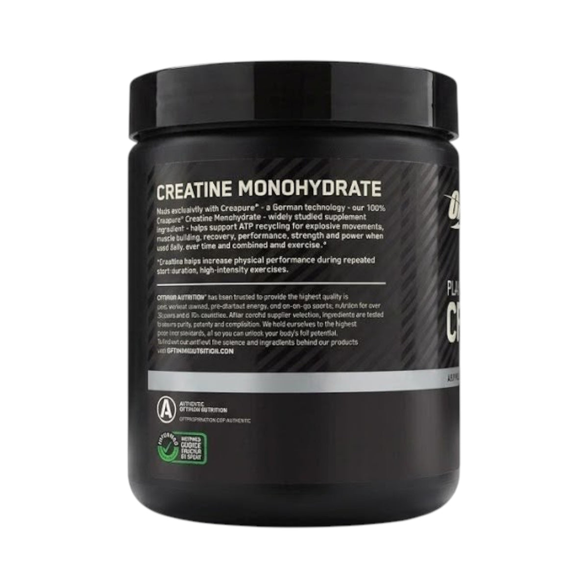 Envase de Somos Landa Optimum Nutrition Platinum Creapure, creatina monohidrato de 300g con etiqueta informativa.