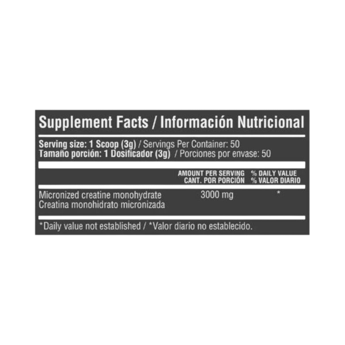 Tabla de información nutricional de Creatina Monohidratada Healthy Sports de Somos Landa con 3000 mg por servicio.