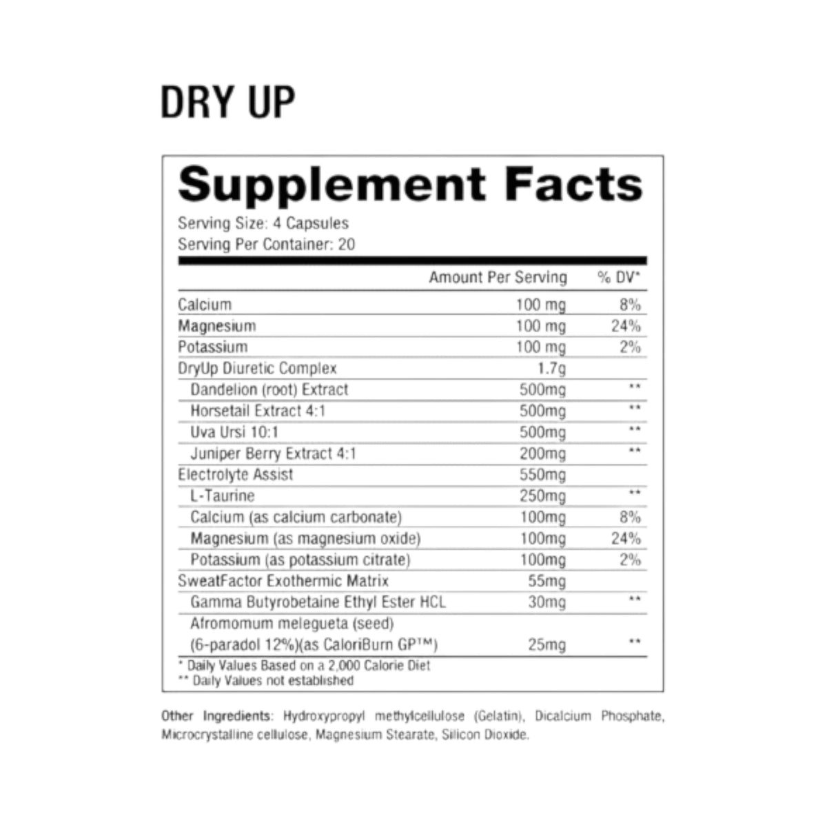 Tabla de información nutricional de Somos Landa Dry Up Dragon Pharma con ingredientes y valores por porción