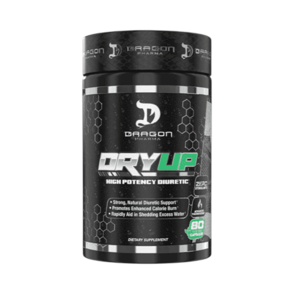 Frasco de suplemento diurético DryUp de Dragon Pharma, 80 cápsulas, disponible en Somos Landa para definición muscular.