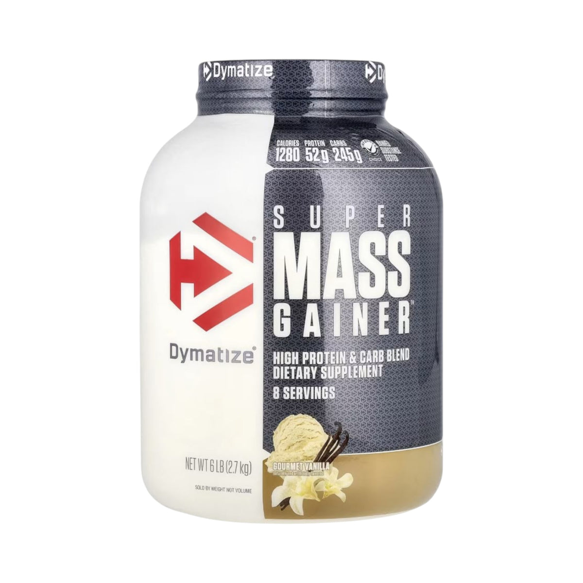 Bote de 6 libras de suplemento Somos Landa Dymatize Super Mass Gainer sabor vainilla para aumento de masa muscular.