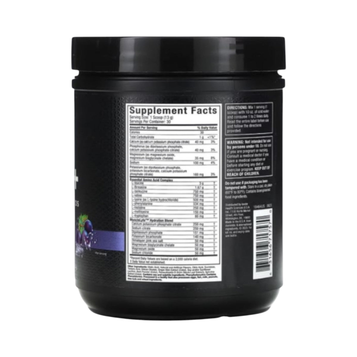 Somos Landa EAA+ Platinum Muscletech, envase negro con tabla de información nutricional y lista de ingredientes