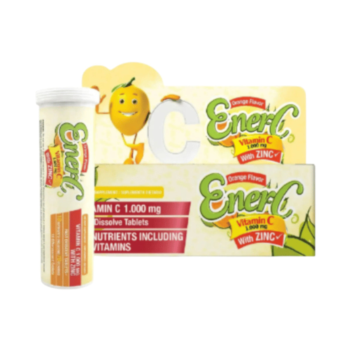 Suplemento Somos Landa Ener-C Vitamina C 1000mg efervescente con zinc en tubo y caja, sabor naranja.