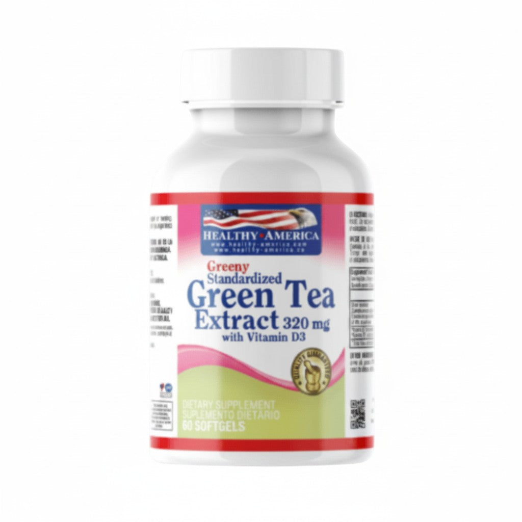 Frasco de Green Tea Extract con Vitamina D3 de Healthy America, suplemento en 60 cápsulas blandas de Somos Landa.