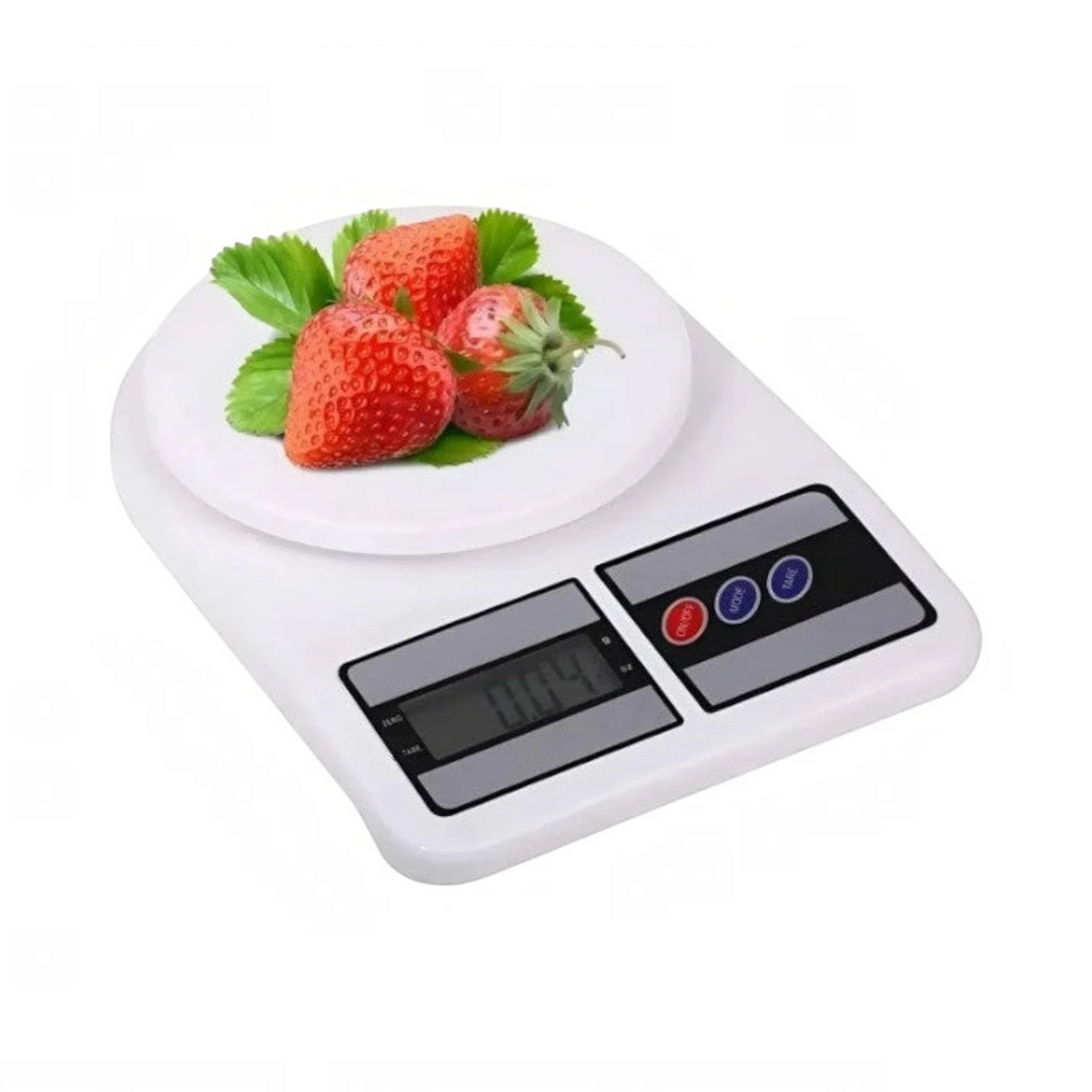 Gramera digital Somos Landa de 5kg con pantalla LCD y función tara pesando fresas sobre un plato blanco