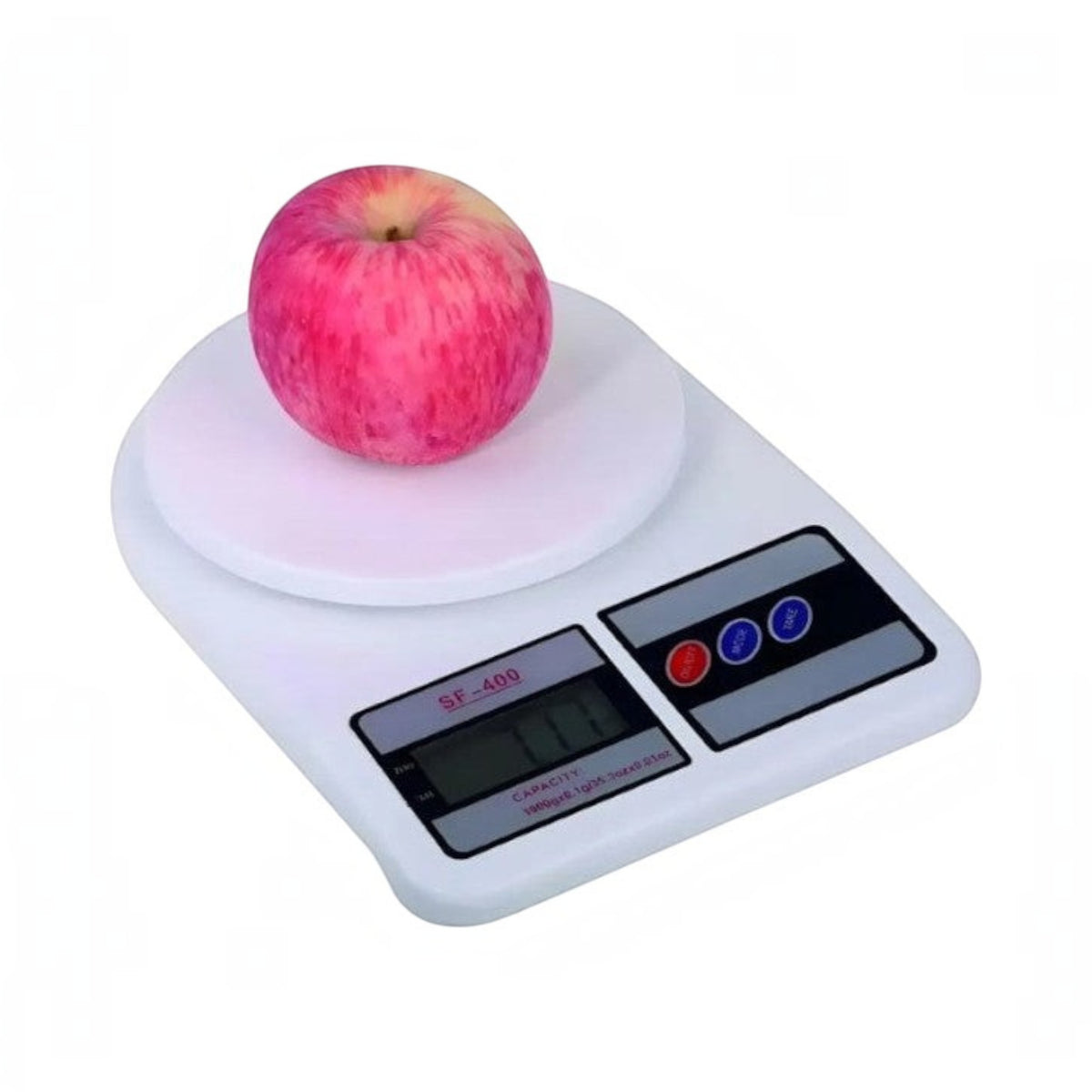 Gramera digital Somos Landa blanca de 5 kg con pantalla LCD y manzana roja sobre la plataforma de pesaje