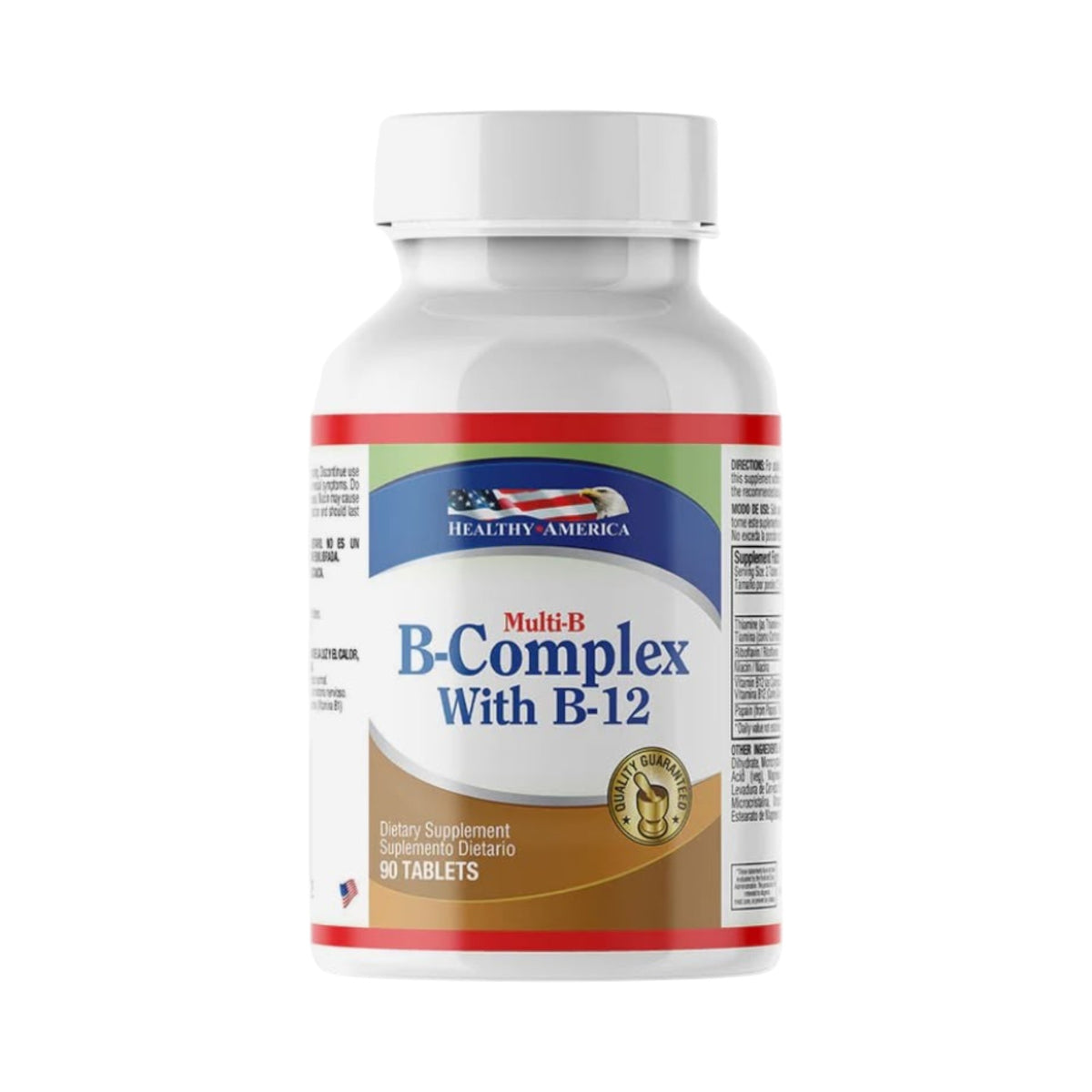 Frasco de suplemento Multi-B B-Complex With B-12 de Healthy America, disponible en Somos Landa, 90 tabletas.