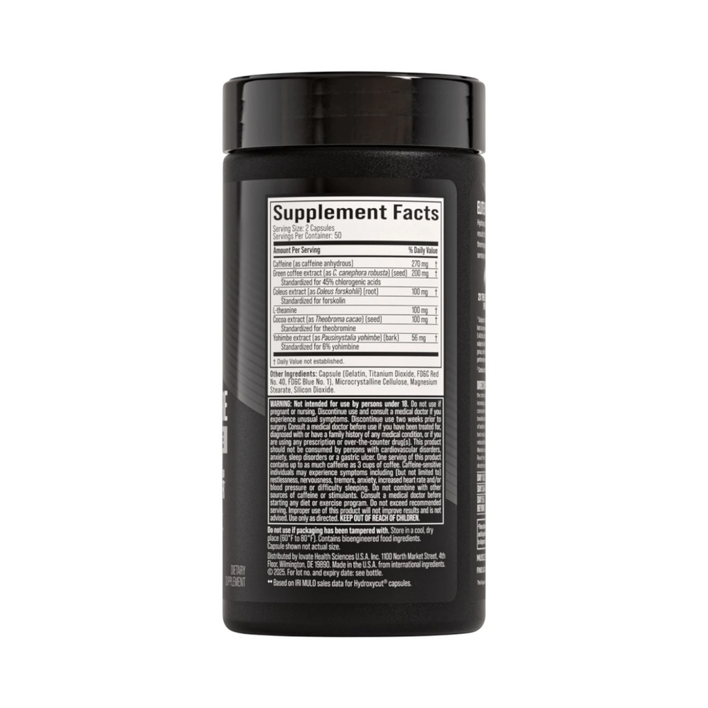 Etiqueta de información nutricional del suplemento termogénico Hydroxycut Elite de la marca Somos Landa