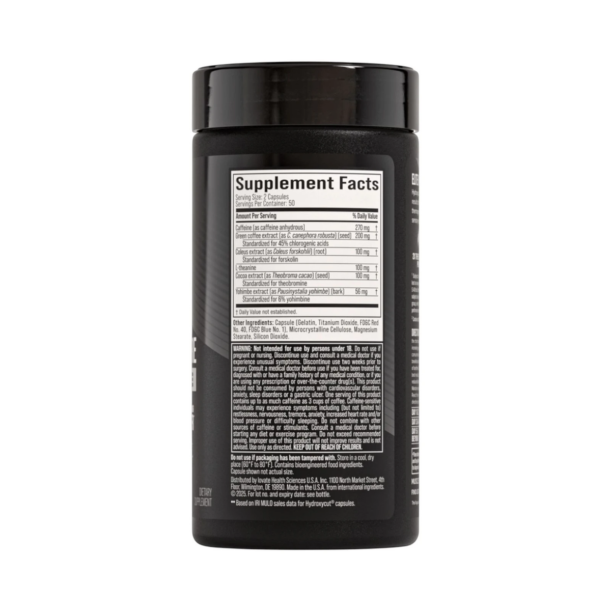 Etiqueta de información nutricional del suplemento termogénico Hydroxycut Elite de la marca Somos Landa