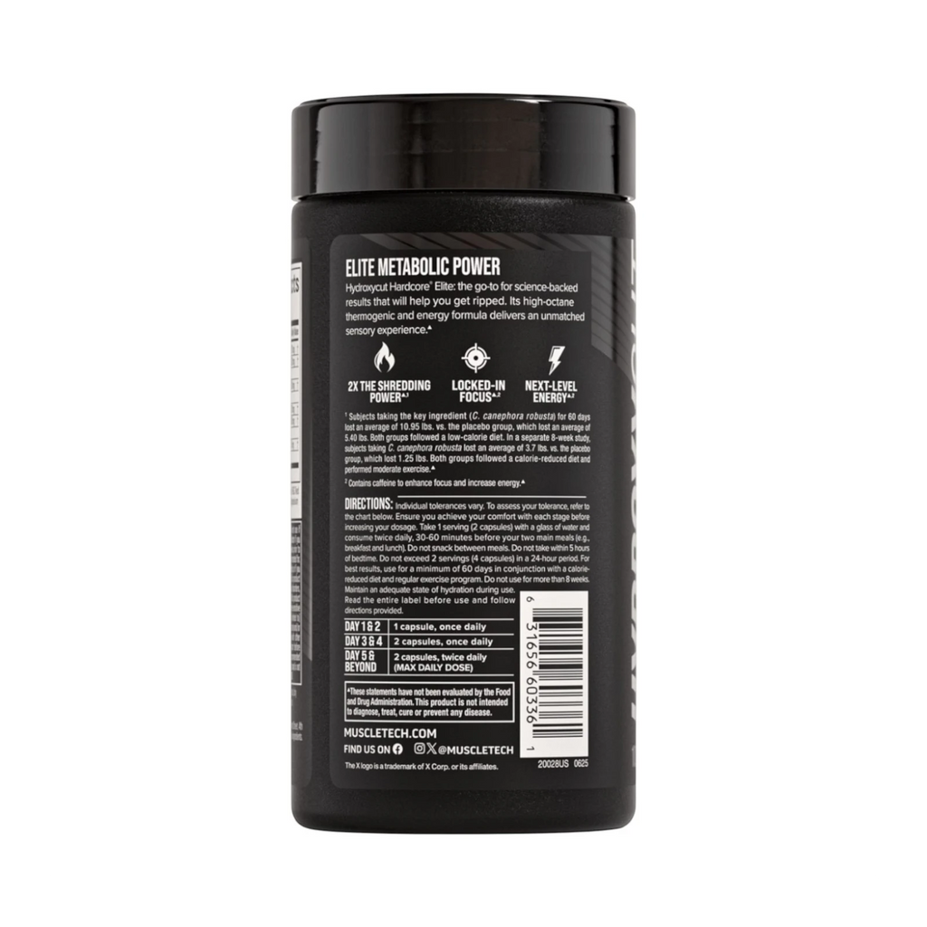 Frasco de suplemento termogénico Hydroxycut Elite de Muscletech, marca Somos Landa, con información nutricional y uso.