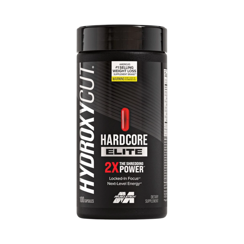Frasco de suplemento termogénico Hydroxycut Hardcore Elite de Muscletech en Somos Landa para energía y definición.