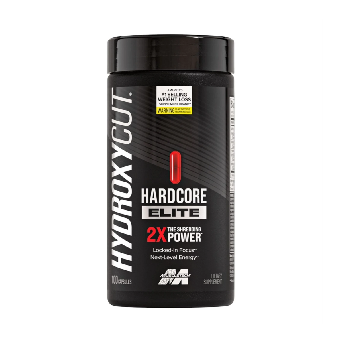 Frasco de suplemento termogénico Hydroxycut Hardcore Elite de Muscletech en Somos Landa para energía y definición.