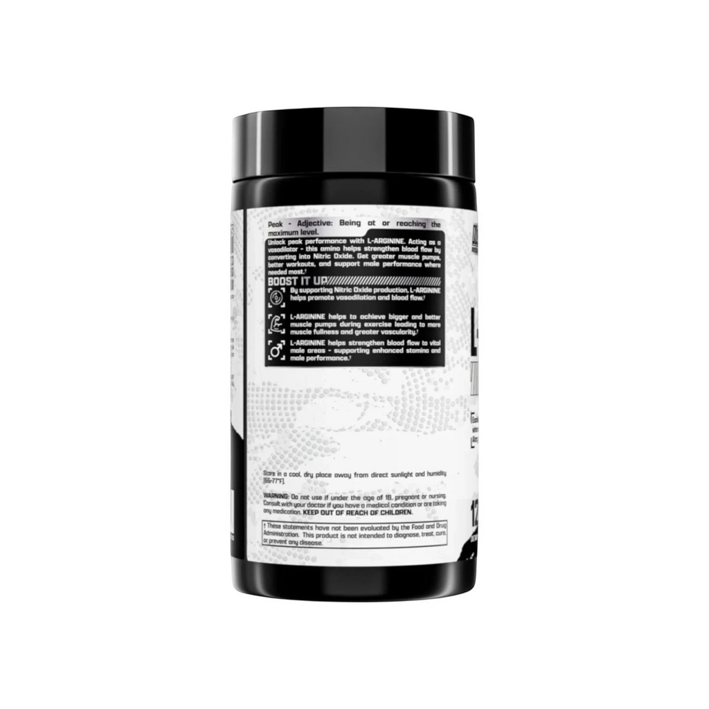 Envase de L-Arginine de Nutrex Research de Somos Landa con 120 cápsulas para bombeo muscular y vasodilatación.