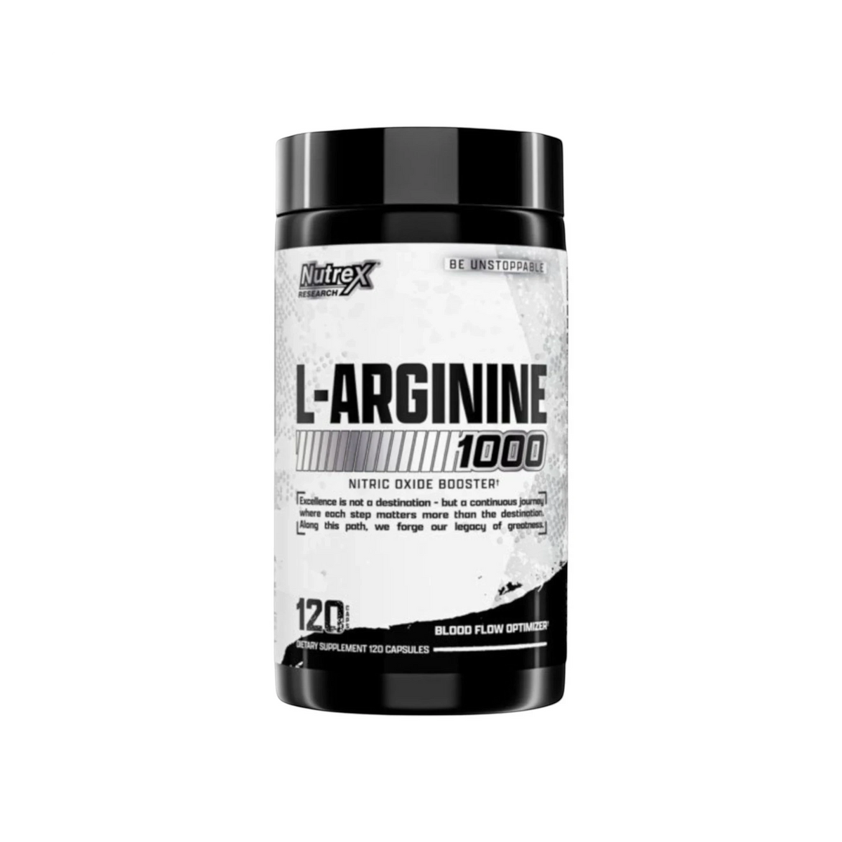 Frasco de L-Arginine 1000 de Nutrex Research con 120 cápsulas, suplemento deportivo de Somos Landa para bombeo muscular.