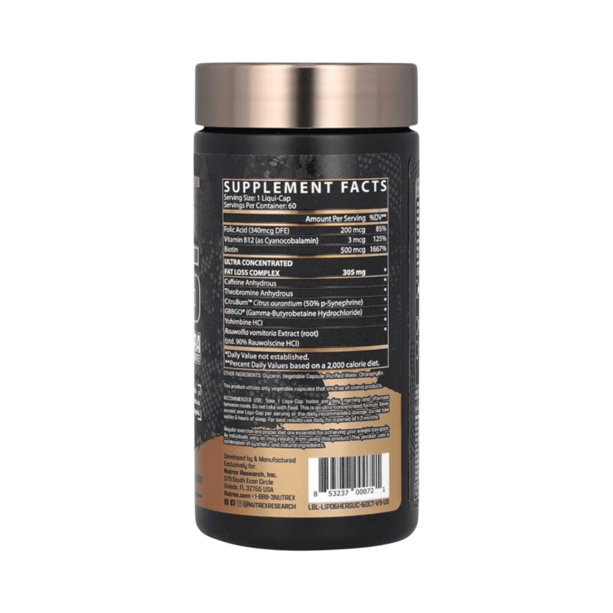 Etiqueta trasera del suplemento Lipo 6 Hers de Somos Landa con tabla nutricional y detalles de ingredientes