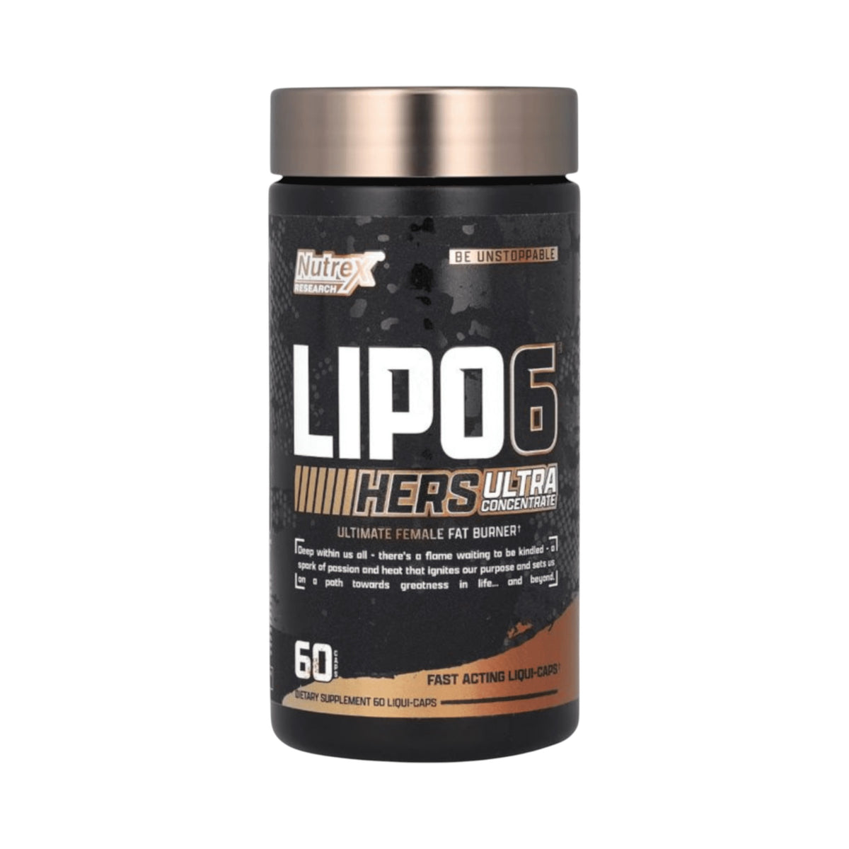 Frasco de Lipo 6 Hers Nutrex de Somos Landa, quemador de grasa termogénico femenino de 60 cápsulas en envase negro.