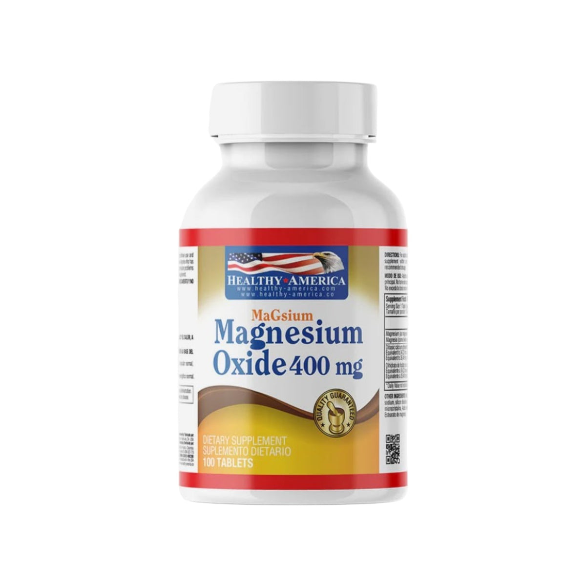 Frasco de suplemento Magnesium Oxide 400 mg de Healthy America, marca Somos Landa, con 100 tabletas para salud muscular.