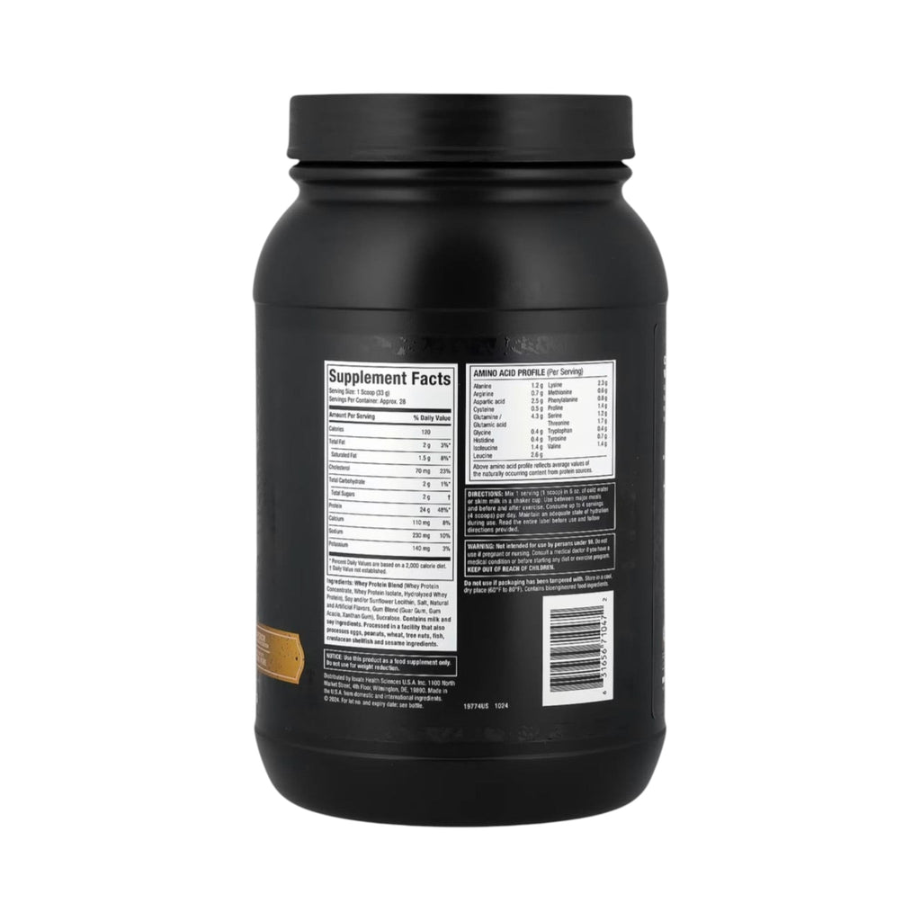 Envase de Somos Landa Muscletech Nitro Tech Whey Gold de 2 libras mostrando la tabla nutricional y perfil de aminoácidos