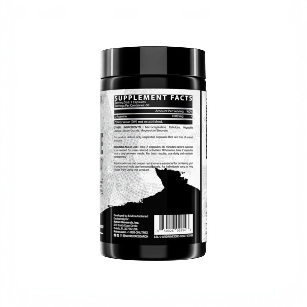 Etiqueta trasera del suplemento L-Arginine de Nutrex Research en Somos Landa con tabla nutricional e información