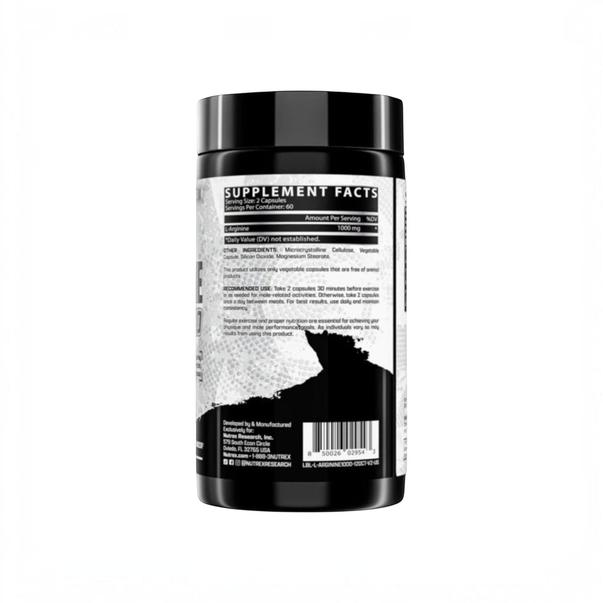 Etiqueta trasera del suplemento L-Arginine de Nutrex Research en Somos Landa con tabla nutricional e información
