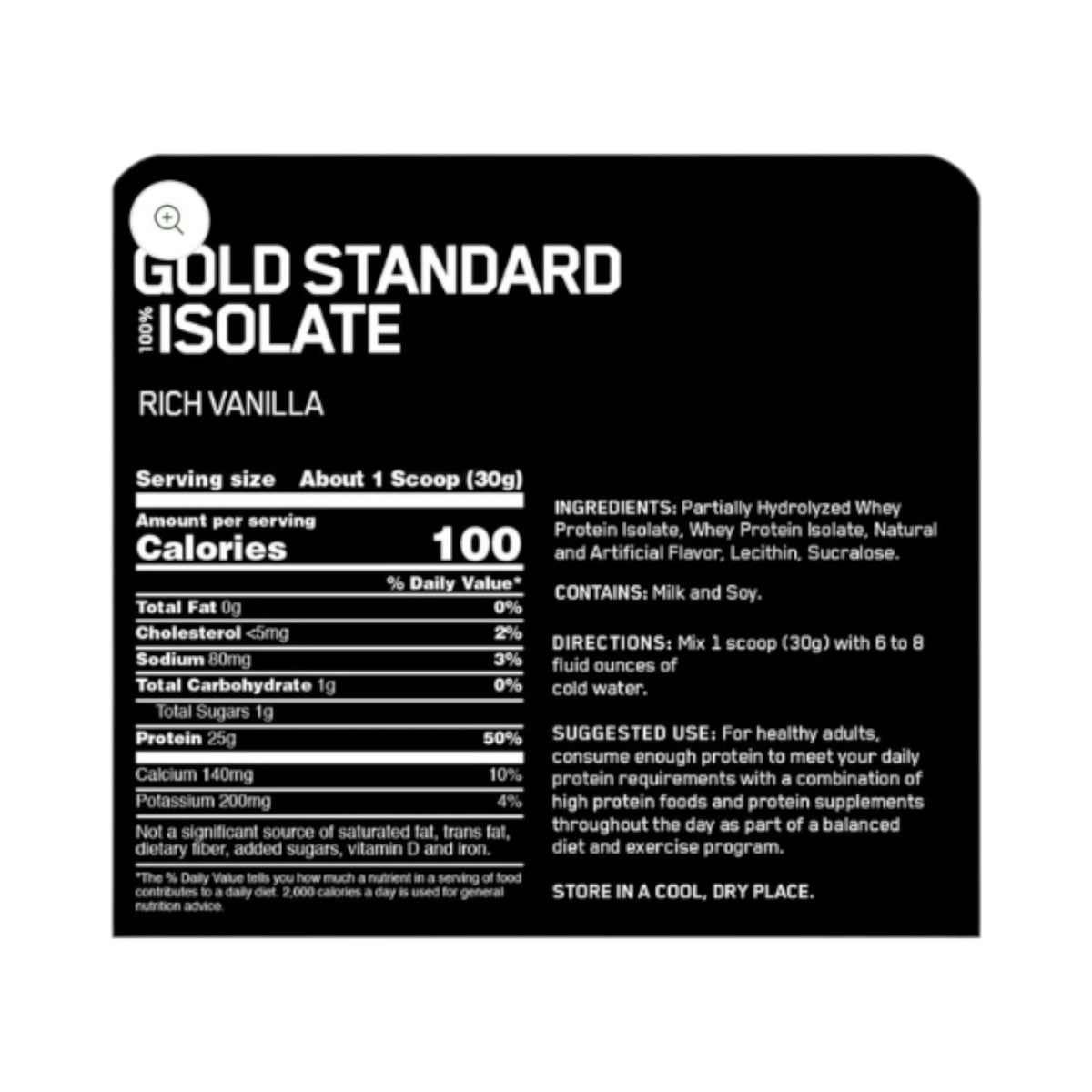 Etiqueta de información nutricional de Somos Landa Optimum Nutrition Gold Standard Isolate sabor vainilla