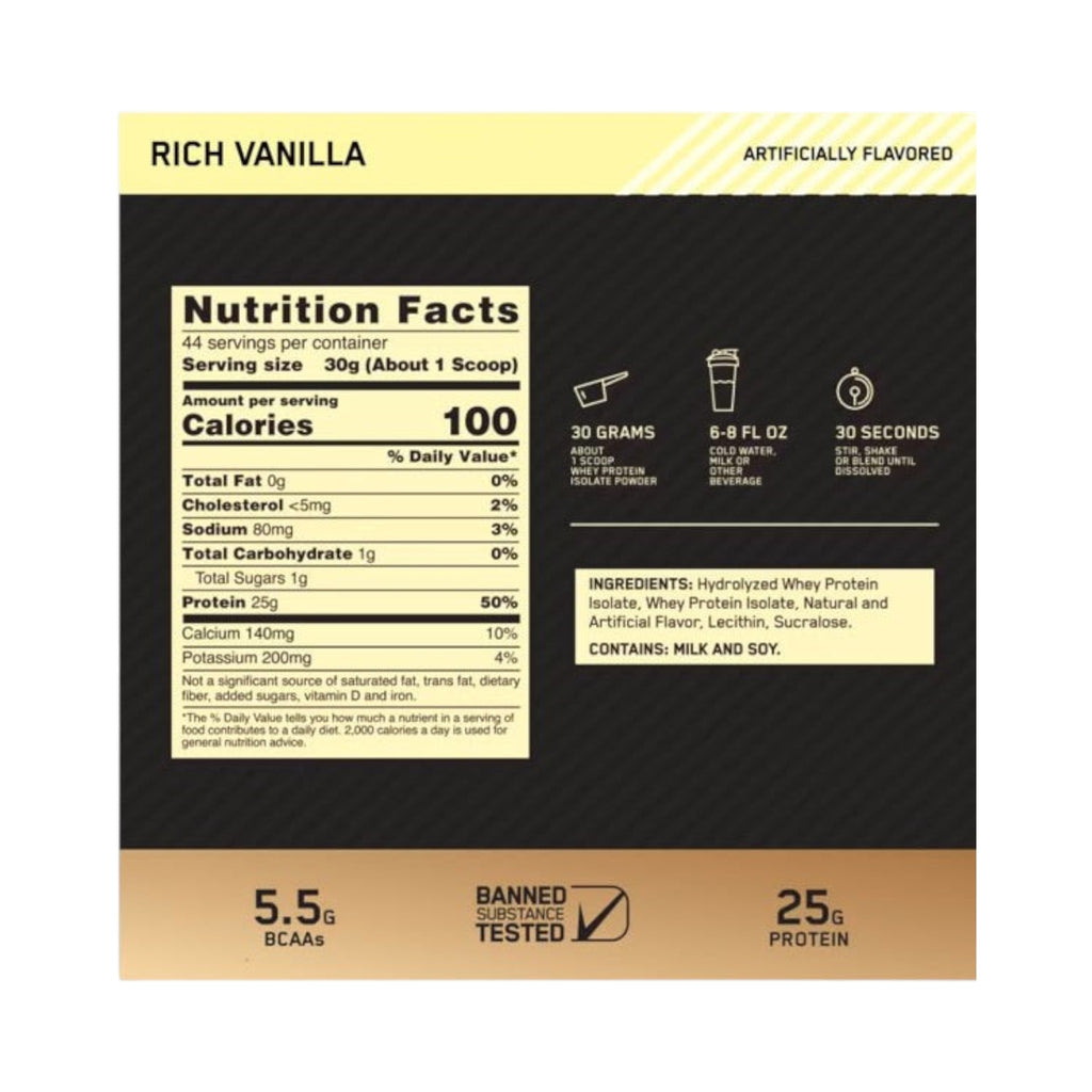 Etiqueta de información nutricional de Somos Landa Optimum Nutrition Isolate sabor vainilla con 25g de proteína